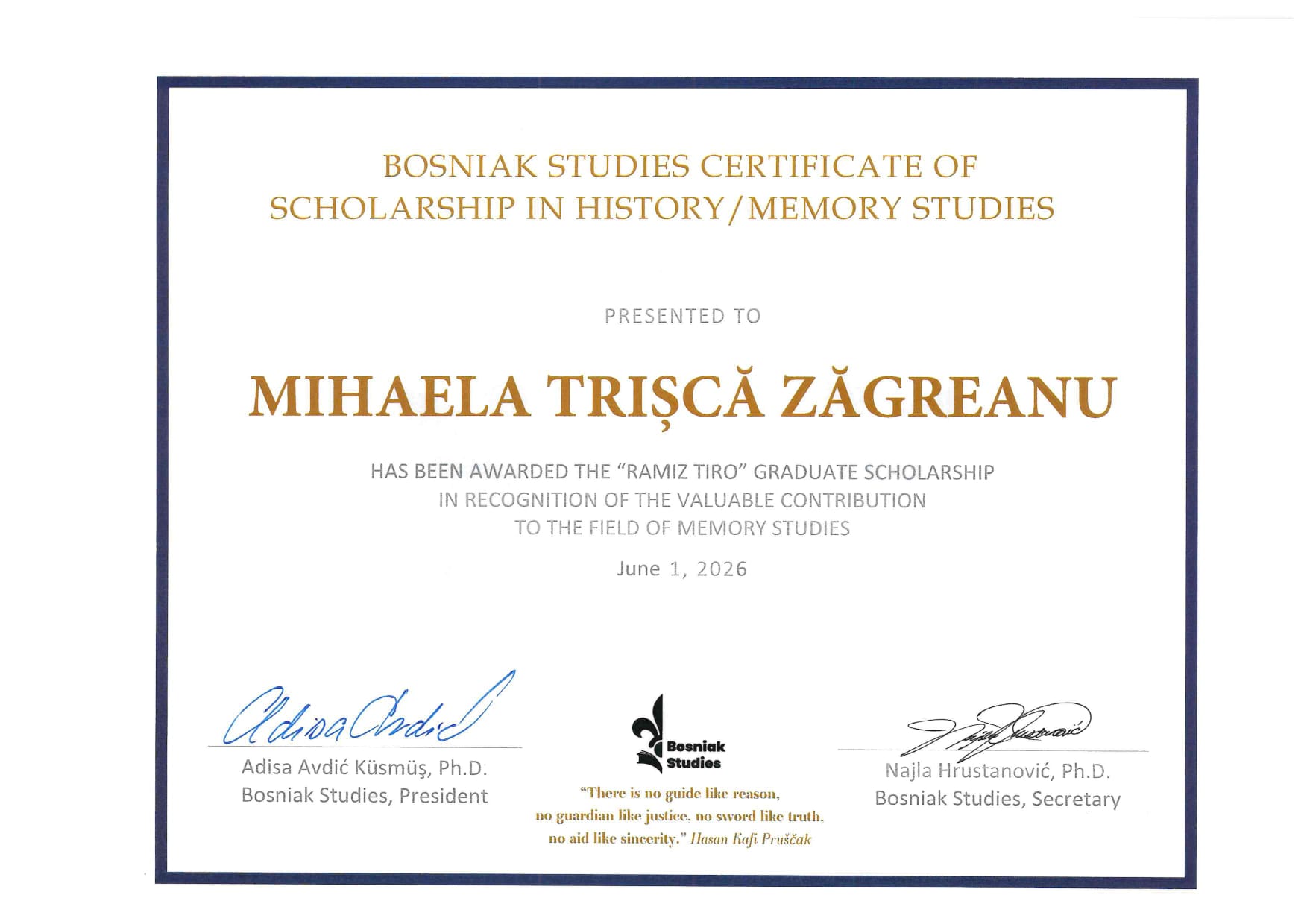 Bosniak Studies Certificate of Scholarship — Mihaela Trișcă Zăgreanu